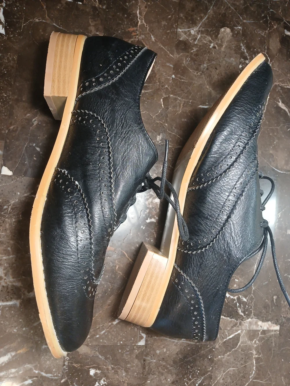 Black Leather Wingtip Lace-Up Oxfords